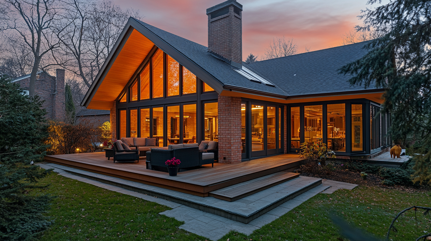 Stunning home addition with large windows, outdoor deck, and seamless architectural integration